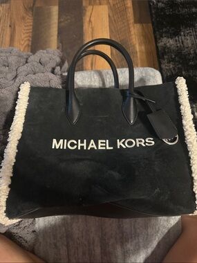 Michael Kors Black Suede Tote with Cream Sherpa Sides